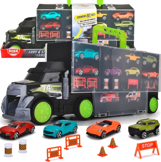Dickie Toys transporter samochodów i walizka z samochodzikami oraz akcesoriami drogowymi