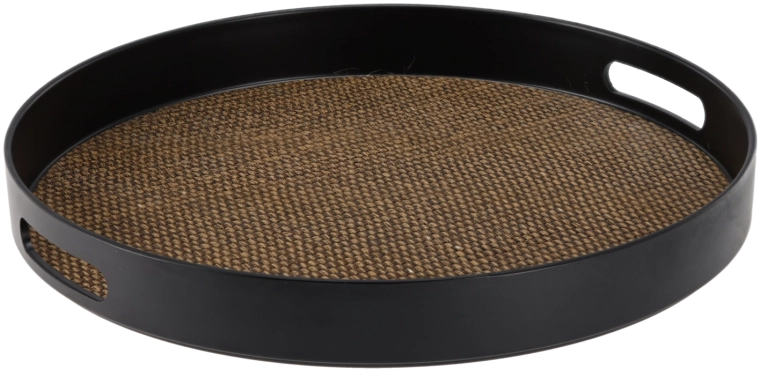 Okrągła taca do serwowania z uchwytami, czarna z jutowym dekorem 35 × 35 × 4 cm