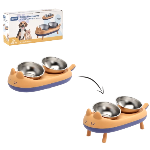 Podwyższony podwójny stojak z miskami ze stali nierdzewnej dla psów i kotów 41 × 20,5 × 15 cm