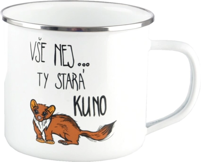 Emaliowany kubek blaszany z motywem kuny 500 ml, biały