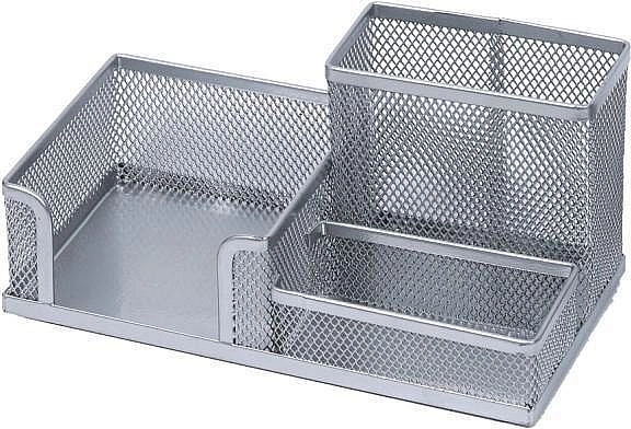 Metalowy organizer biurkowy ze stojakiem na długopisy i kostką na notatki, srebrny