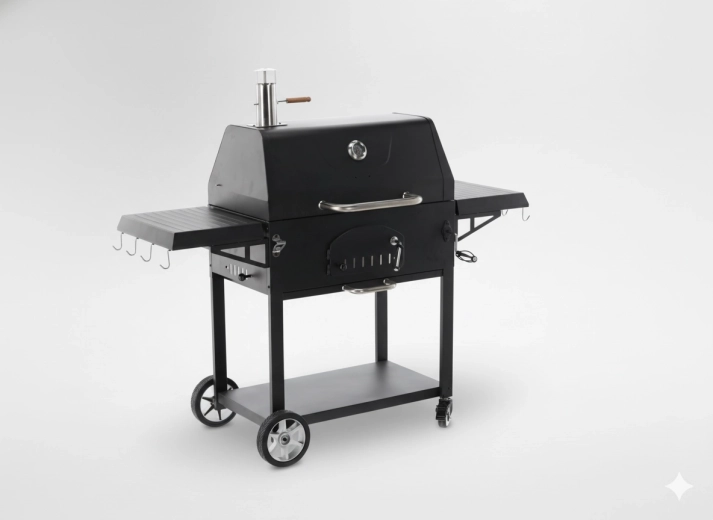 Ogrodowy grill węglowy VULCANO z pokrywą i żeliwnym rusztem, koła
