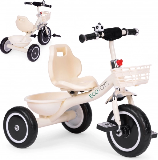 Dziecięcy trójkołowy rowerek z koszykiem i dzwonkiem, beżowy, ECOTOYS