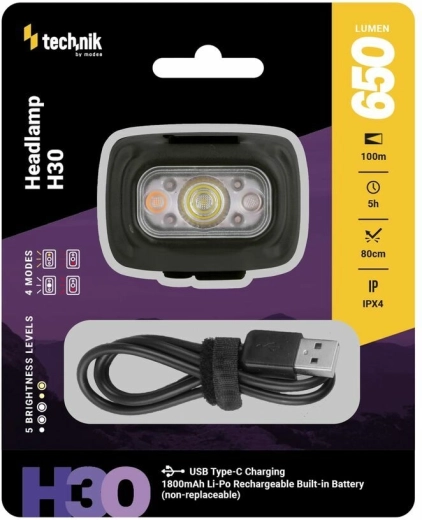 Technik MT-H30 latarka czołowa z USB‑C, 650 lm, biała i czerwona LED