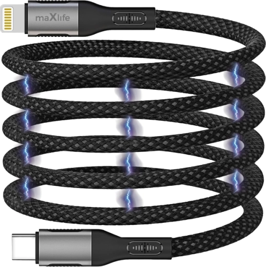Magnetyczny kabel Maxlife USB-C – Lightning 1 m 27 W, nylonowy, czarny