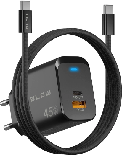 BLOW ładowarka sieciowa GaN 45 W (USB-C PD + USB-A QC 3.0) z kablem USB-C–USB-C