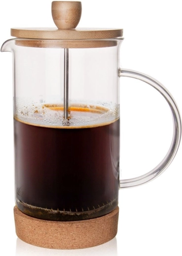 Szklany french press 1 l z bambusową pokrywką i korkową podstawą