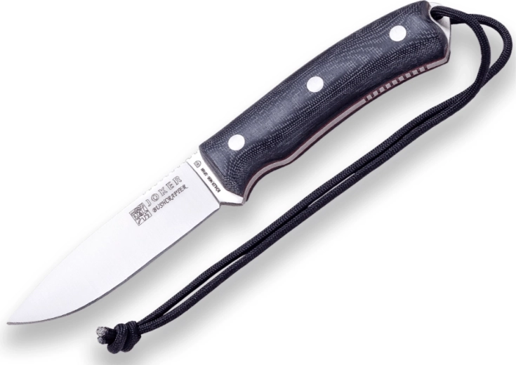 Joker CM120-P Bushcrafter nóż outdoorowy 10,5 cm, czarna Micarta, skórzane etui i krzesiwo