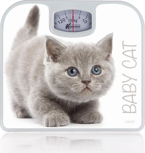 Osobista mechaniczna waga z motywem kotka, biała