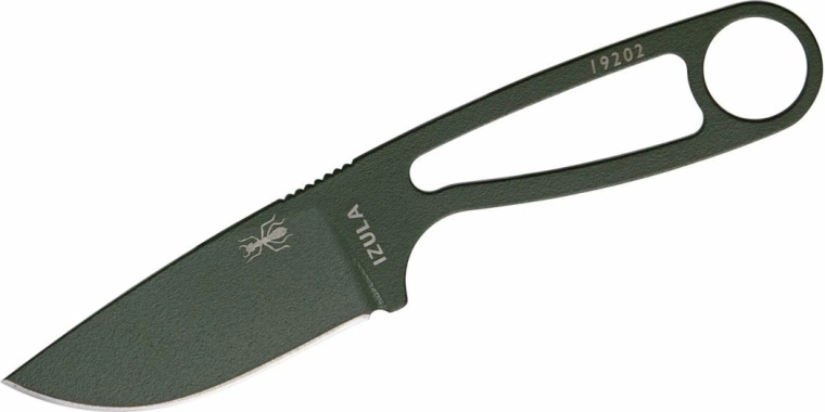 ESEE Izula OD – mały nóż survivalowy z węglowej stali z zieloną powłoką i pochewką