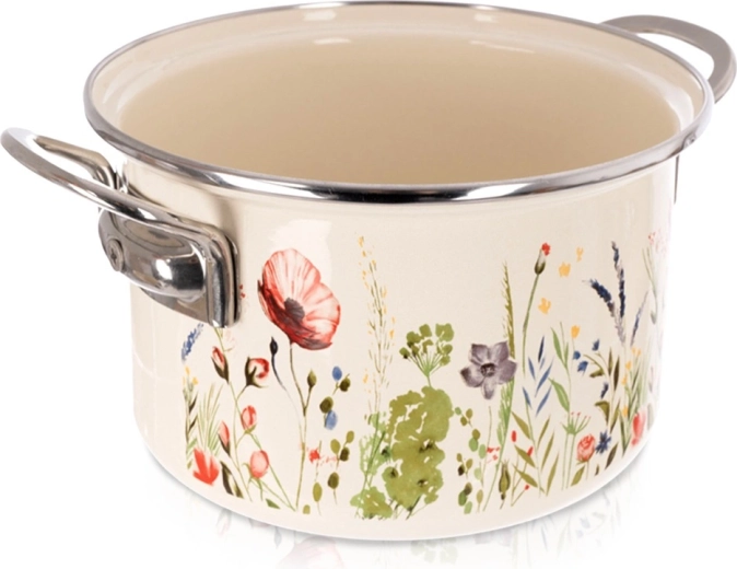 Emaliowany garnek kremowy z motywem maków 18 cm, 2 l
