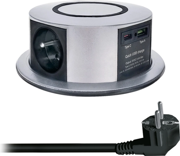 Solight wysuwany blok gniazd do blatu 3× 230 V + USB-A/USB-C PD 20 W z bezprzewodowym ładowaniem Qi 10 W, 2 m, srebrny