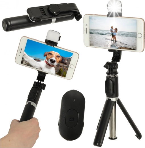 Selfie stick z pilotem Bluetooth i statywem z lampą LED – czarna