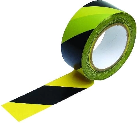 Samoprzylepna taśma ostrzegawcza żółto‑czarna, skośne pasy w lewo 48 mm × 33 m