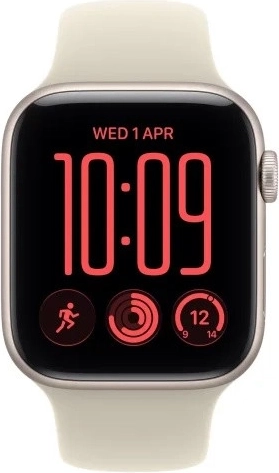 Apple Watch SE 3 GPS + Cellular 44 mm z aluminiową kopertą w kolorze księżycowej poświaty i piaskowym paskiem sportowym S/M