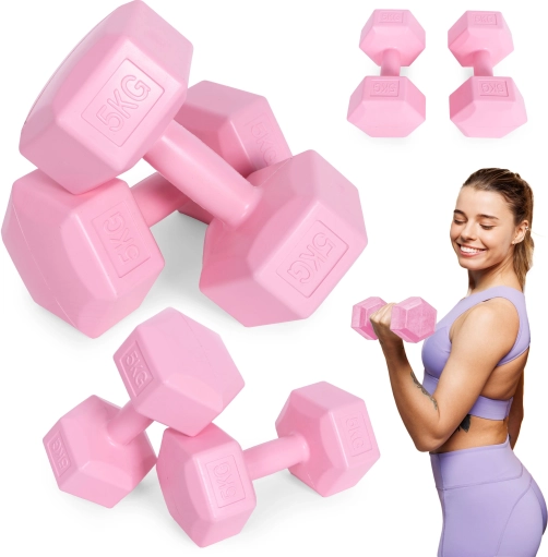 Zestaw sześciokątnych hantli 2×5 kg, różowe – ModernHome