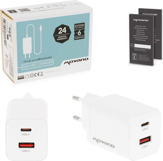 Ładowarka sieciowa Movano GaN 45 W USB‑C PD + USB‑A biała