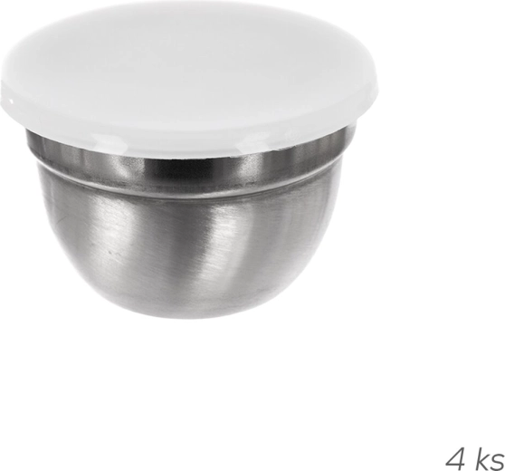 Zestaw nierdzewnych miseczek na sosy z plastikowymi pokrywkami 8 cm, 4 szt.