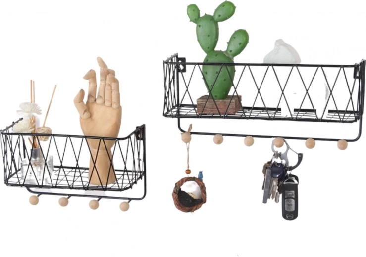 Wisząca półka z haczykami – czarna, 25,5 cm