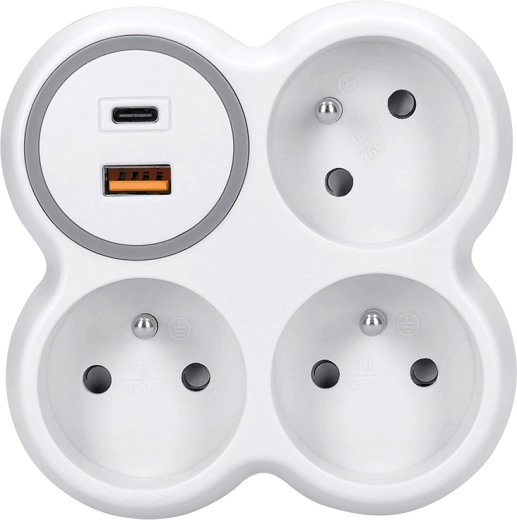 Solight rozgałęźnik do gniazdka 3× 16 A z USB-A i USB-C z szybkim ładowaniem PD 20 W biało-szary