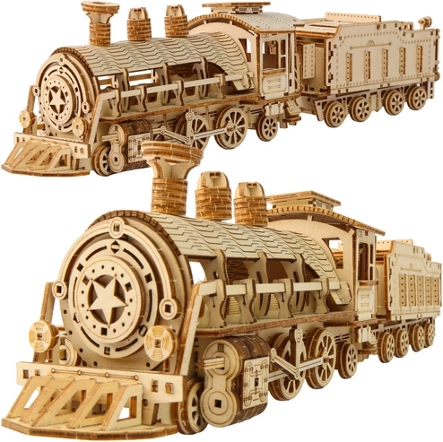 Drewniane puzzle 3D lokomotywa parowa z tendrem Kruzzel - 1 sztuka