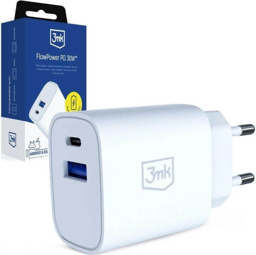 3MK FlowPower ładowarka sieciowa 30 W USB-A i USB-C (PD 3.0, QC 4+) biała