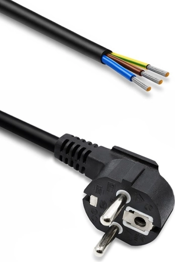 Kabel zasilający z wtyczką kątową Schuko CEE 7/7, odizolowane cynowane przewody, 3×1,0 mm², 1,8 m