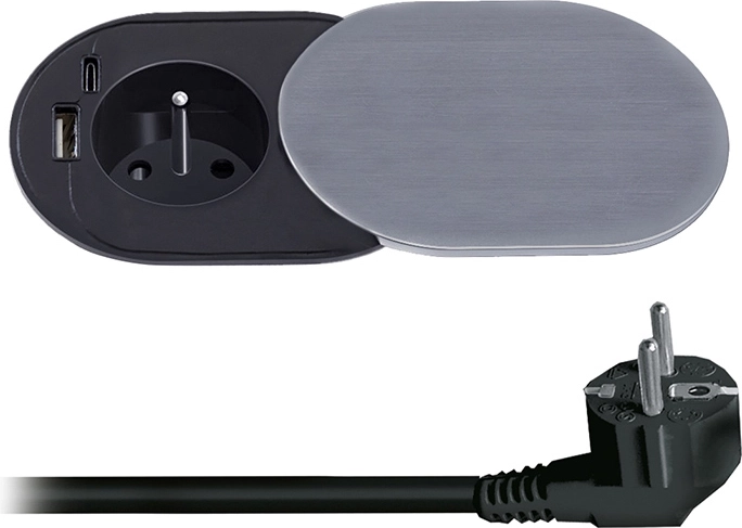 Solight gniazdo do zabudowy 230 V z USB-A i USB-C PD 20 W z przesuwną pokrywką, 2 m, srebrne