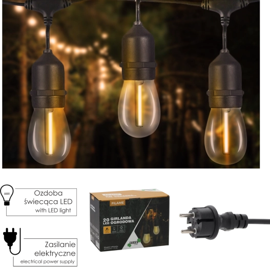 Girlanda ogrodowa LED FILAME 20 m z 20 żarówkami E27, ciepła biel