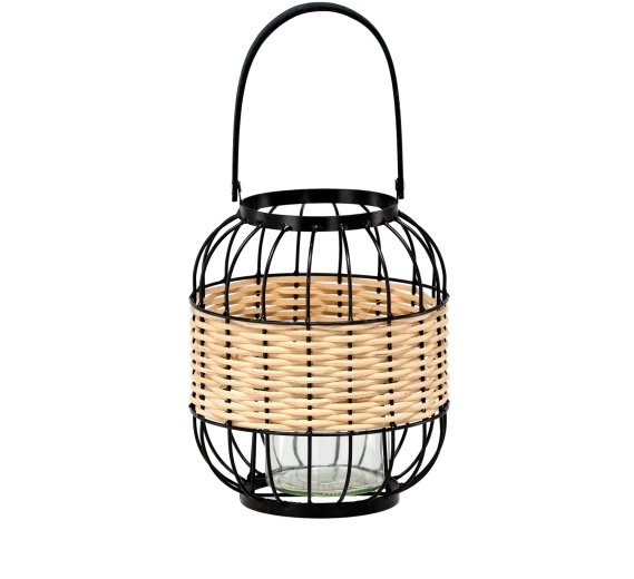 Metalowo-drewniany lampion ze szklaną wkładką, wysokość 24/39 cm