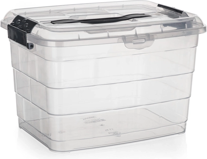 Pojemnik do przechowywania z pokrywą i uchwytem 14 l VILARD – przezroczysty z dymionymi klipsami