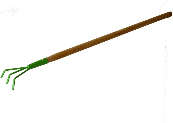 Dziecięcy ogrodowy pazur z trzema zagiętymi zębami z drewnianym trzonkiem 75 cm