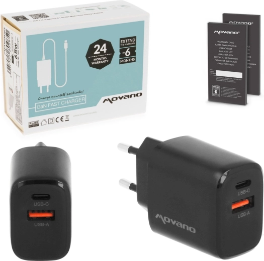Movano GaN ładowarka sieciowa 20 W USB-C PD + USB-A czarna