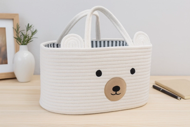 Tekstylny koszyk na zabawki z uszkami – biały organizer ze zwierzątkiem 32 × 22 × 20 cm