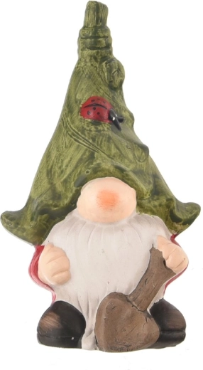 Ceramiczny skrzat z łopatką zielony 18 cm