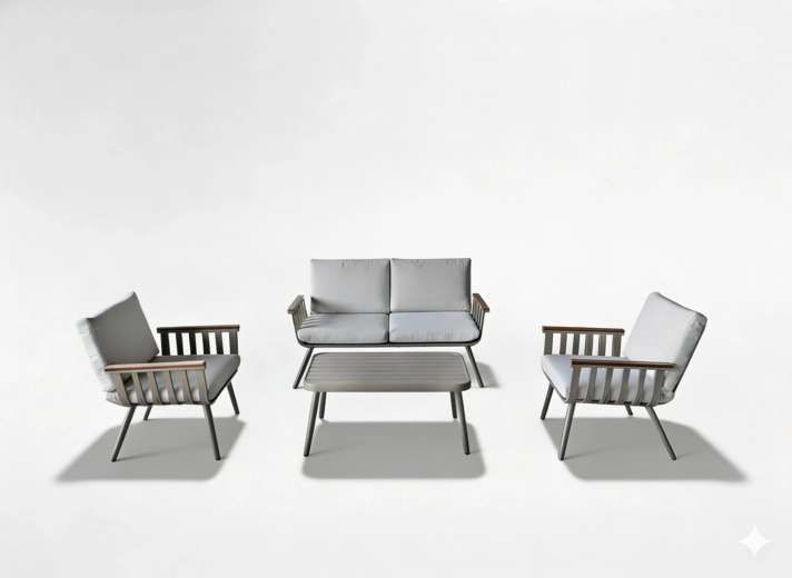 Aluminiowy ogrodowy zestaw wypoczynkowy 4‑częściowy w beżowym kolorze z poduszkami