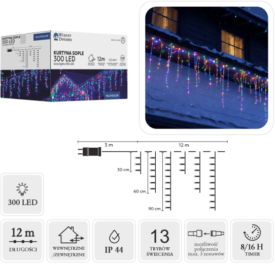 Świetlna kurtyna sople (rampouchy) 300 LED multicolor 3 × 12 m - 1 szt.