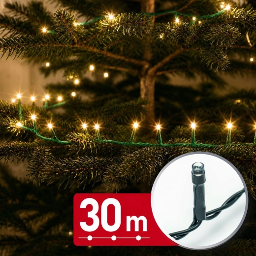 Łańcuch świetlny LED 30 m z 600 diodami LED, ciepła biel, zielony kabel