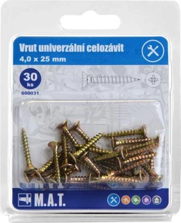 Uniwersalny wkręt z pełnym gwintem 4,0 × 25 mm, ocynkowany (30 szt.)