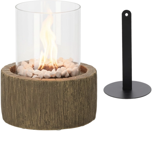 Stolikowy biokominek z imitacją drewna i białymi kamykami 20 × 20 × 25 cm