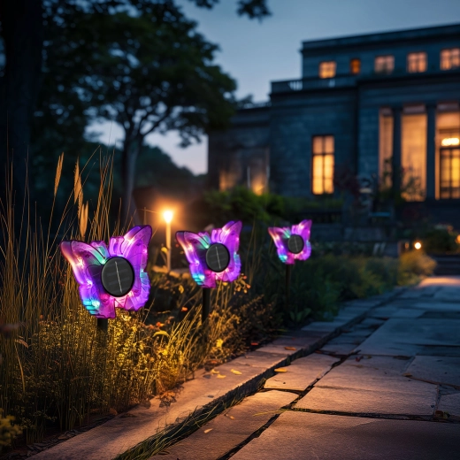 Fioletowa solarna lampa wbijana w kształcie motyla z kolorowymi diodami LED