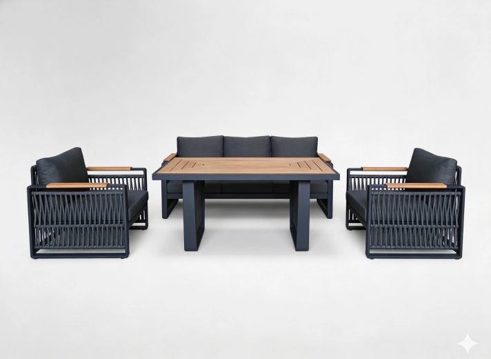 Ogrodowy zestaw lounge Skopje z aluminium, 3‑osobowa sofa, 2 fotele i stół, szary