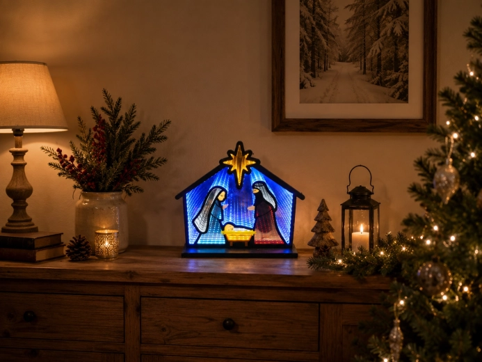 Świąteczna dekoracja 3D Szopka z efektem lustra infinity LED 33,5 × 8 × 28,7 cm