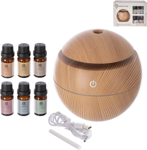 Elektryczny dyfuzor aromatu w kolorze beżowym z zasilaniem USB + zestaw 6 zapachów 10 ml