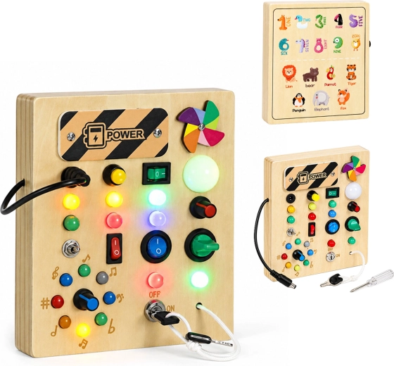 Drewniana interaktywna tablica manipulacyjna busy board z diodami LED ECOTOYS