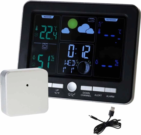 Bezprzewodowa stacja meteorologiczna z termometrem, higrometrem i budzikiem, USB