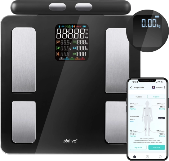 Zortiva Smart Premium analityczna waga osobowa z Bluetooth i uchwytem