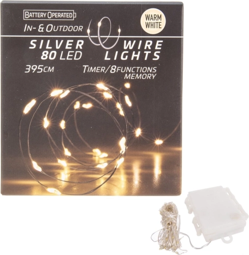 LED łańcuch świetlny na druciku 80 LED, ciepły żółty, IN/OUT z timerem
