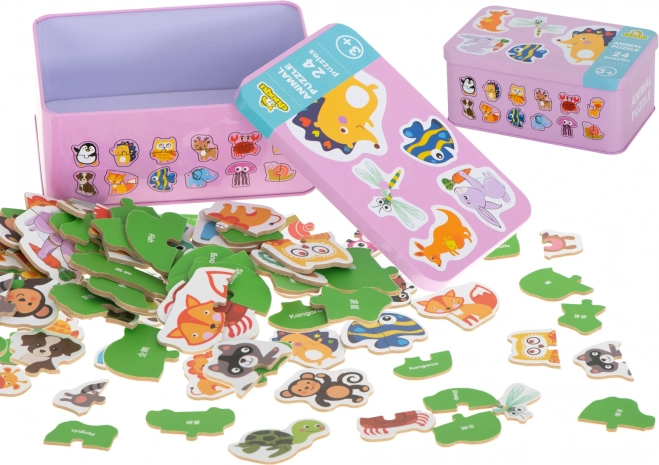 Drewniane puzzle edukacyjne ze zwierzętami w pudełku