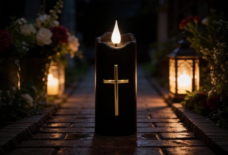 Świeca LED 5 × 13 cm czarna ze złotym krzyżem